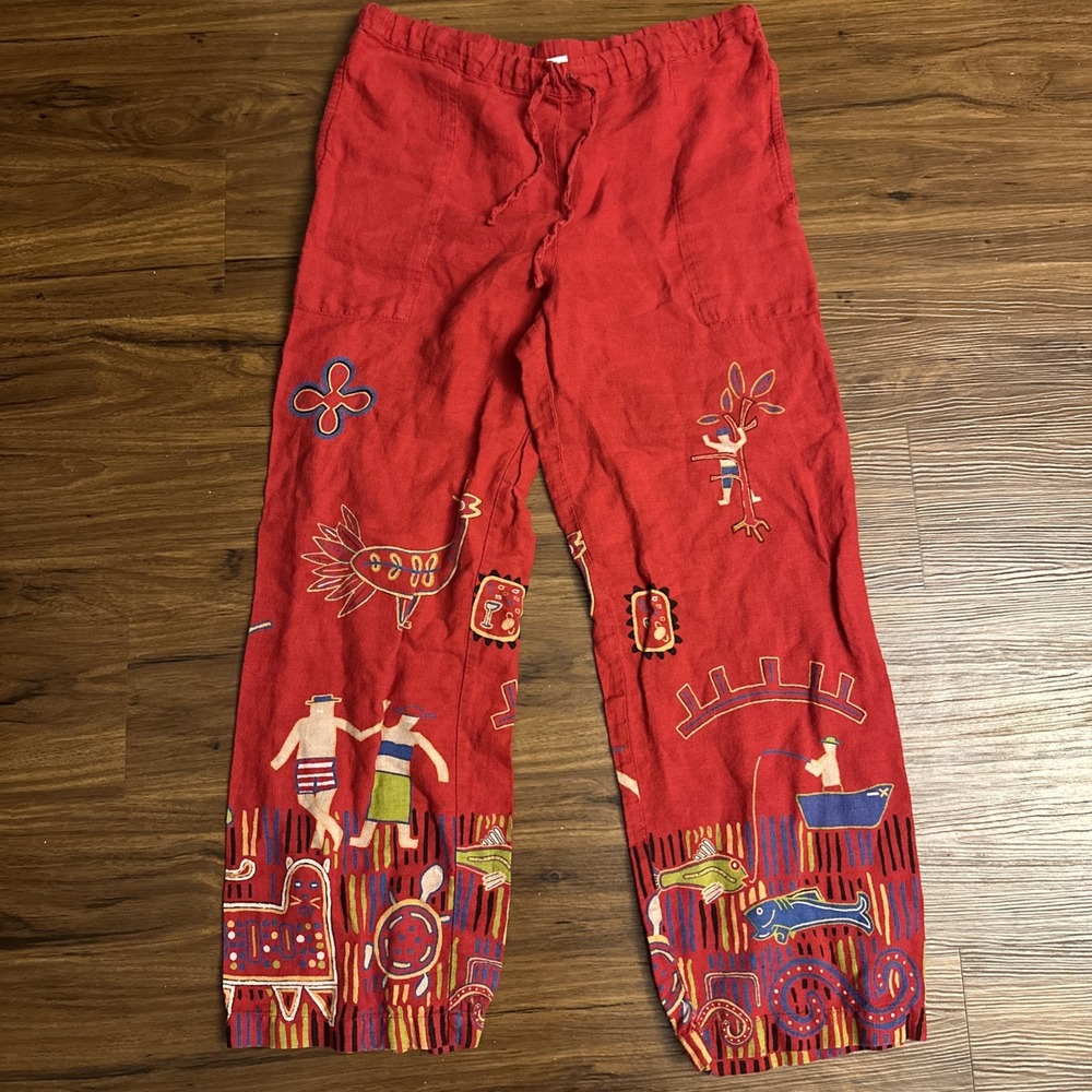 Chicos Design Linen Capri Pants Size O M/L 10/12 Wearable Art Red Beach Stretch